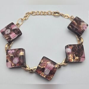 Murano Pink & Purple Venetian Glass Link Bracelet Gold Tone Adjustable 8.5”